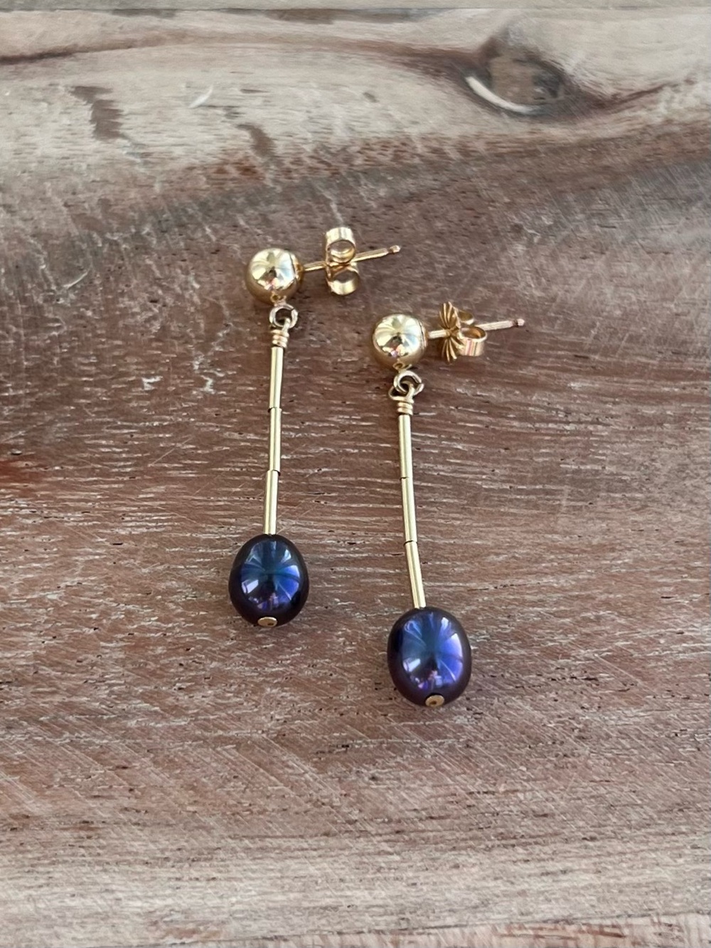 14k Gold Filled Drop Earrings with Peacock Black Freshwater Pearls